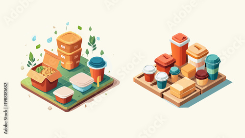 Illustration of biodegradable food packaging and recycling bins, showcasing sustainable waste management solutions for eco-friendly living
