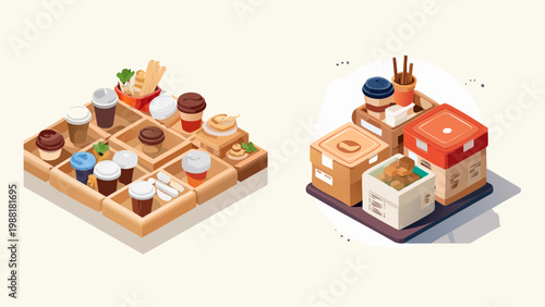 An assortment of food and drink items, including coffees, pastries, and packaged goods, presented in a tidy, organized manner