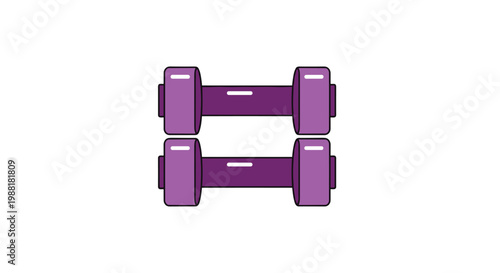Two vibrant purple dumbbells with crisp white highlights are arranged in a perfectly parallel symmetrical formation against a clean and neutral background.