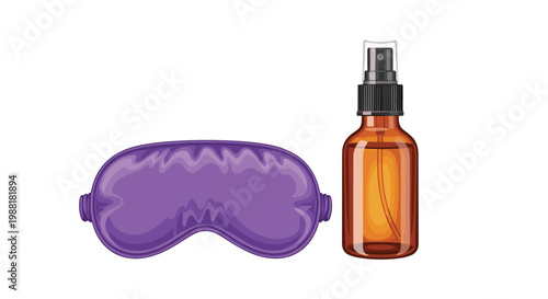 A vibrant purple satin sleep mask is positioned next to a brown amber glass essential oil spray bottle on a pristine white surface with soft studio light.