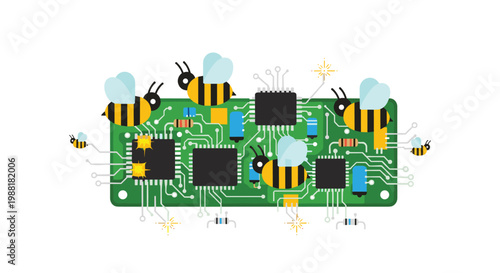Multiple cartoon bumblebees swarm over a complex green printed circuit board featuring various electronic components like microchips and resistors.