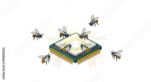 A group of detailed honeybees swarms around a central golden microchip processor with intricate circuit traces extending outward on a white background.