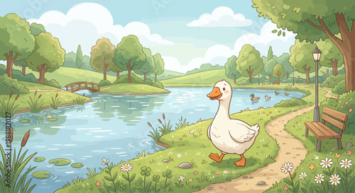 A charming cartoon goose strolls along a park path next to a serene lake