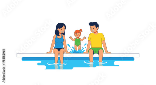 Cheerful cartoon family featuring a mother in a blue swimsuit and a father in yellow shirt sitting on a white pool ledge while their child splashes into the water.