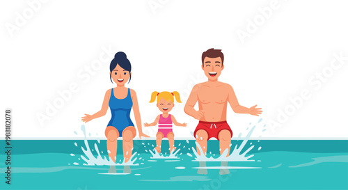 Vibrant illustration of a joyful family with a young blonde daughter in a pink swimsuit leaping into the turquoise swimming pool water between her seated parents.