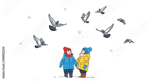 Delightful illustration of two children in vibrant blue and yellow winter jackets standing in the snow as several grey pigeons fly through the chilly air and snowflakes.