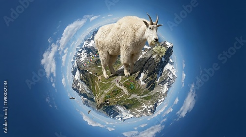 Mountain goat standing on a small planet created from a panoramic mountain range, eating vegetation against a clear blue sky, symbolizing ecological balance and natural habitats