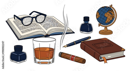 Meticulous collection of vintage writing essentials including an open textbook, dark-rimmed glasses, ink bottles, a desk globe, and a smoldering brown cigar.