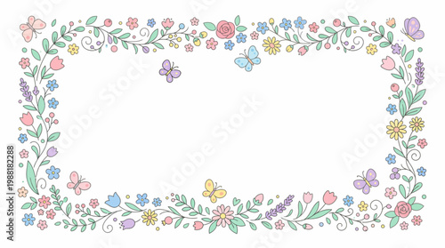 Floral Border with Butterflies and Flowers - Spring Vector Illustration