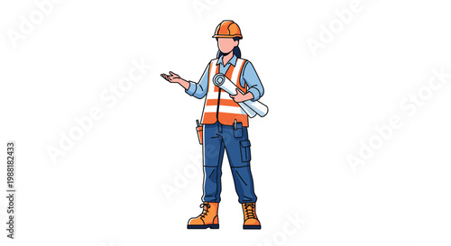 A professional female civil engineer wearing a bright orange reflective safety vest and protective hard hat holds rolled blueprints while gesturing in a workspace.
