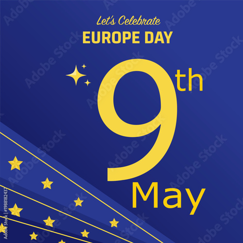 Europe day celebration graphic featuring a large number nine and stars