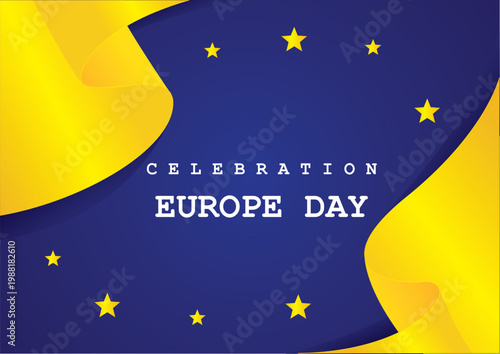 A vibrant graphic celebrating europe day with stars and flowing shapes