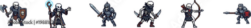 Collection of skeleton warrior vector characters with fantasy weapons.