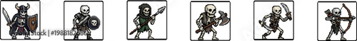 Collection of skeleton warrior vector character sprites for fantasy games.