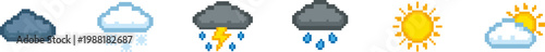 Set of pixel-art style weather forecast vector icons.