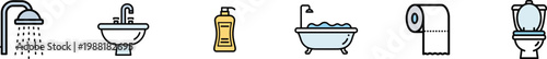 Collection of bathroom and sanitary equipment vector icons.