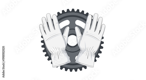 Pristine white fabric work gloves are placed symmetrically over a dark grey industrial gear sprocket creating a stark contrast against the white background.