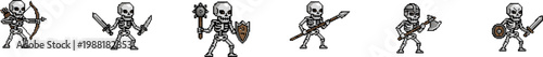 Skeleton warrior vector characters with medieval fantasy weapons.