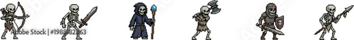 Collection of skeleton warrior vector characters with medieval weapons.