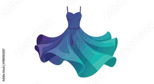 An elegant and flowing evening gown displays a stunning color transition from deep violet to bright teal across its voluminous and dynamic swirling skirt.
