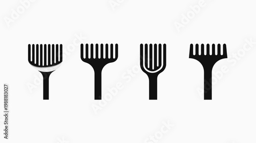 Four black and white illustrations of tools with tines and handles, vector style