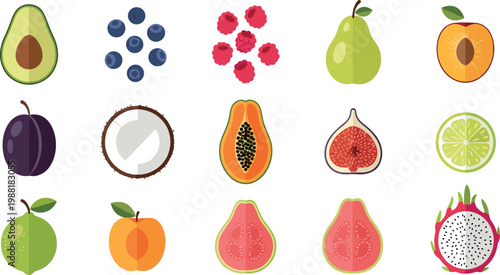 Colorful flat exotic fruit icon set with avocado blueberry raspberry pear coconut papaya fig lime and dragonfruit illustrations