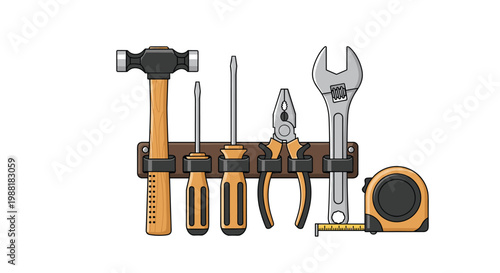A professional set of essential hand tools including a hammer and pliers hangs neatly organized on a sturdy wall mounted rack against a white background.