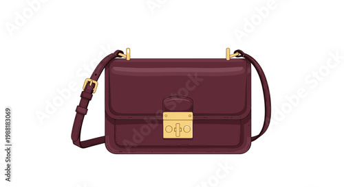 A sophisticated maroon leather handbag showcases a gleaming gold clasp and a slender adjustable shoulder strap against a pristine and neutral background.