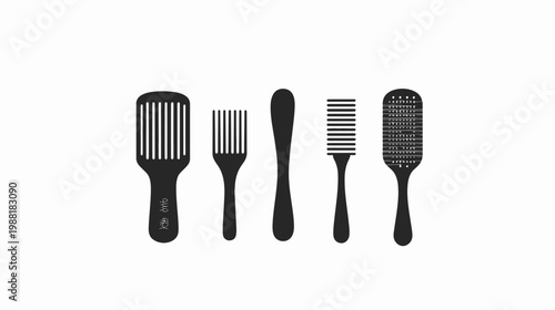 Silhouetted illustration of various combs and brushes against a white backdrop