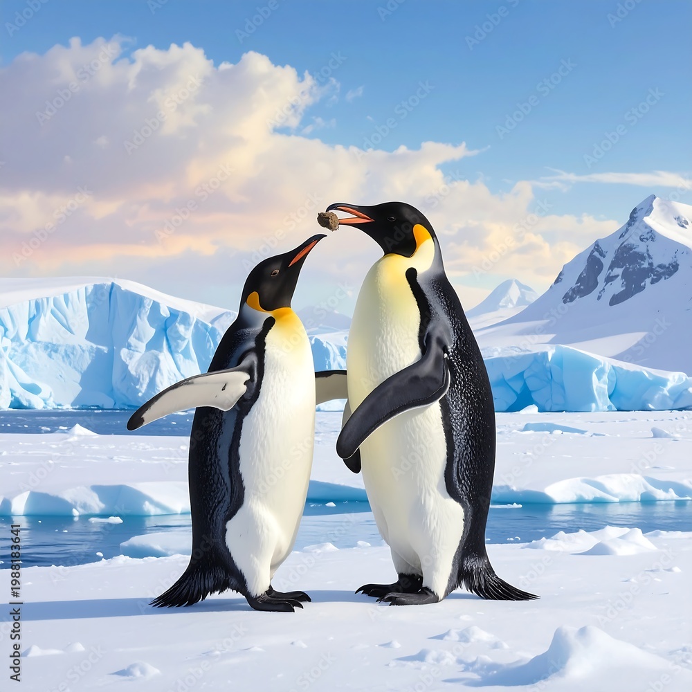 Fototapeta premium Two penguins standing on snowy ground with icebergs