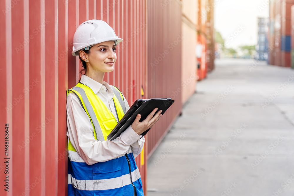Obraz premium Professional female engineer or foreman using a digital tablet for checking inventory at a container cargo freight ship port. Logistics, supply chain, and transportation industry concept.