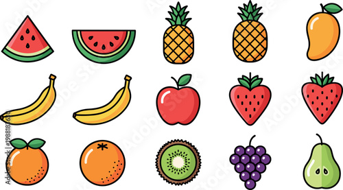 Colorful flat fruit icon set with watermelon pineapple banana apple strawberry orange grape and pear for food design
