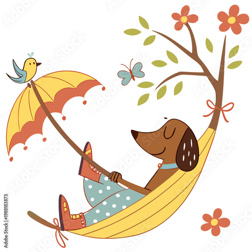 Charming SVG of a Bashful Dachshund featuring in a hammock, styled in a Spring theme with Blooming Renewal hues