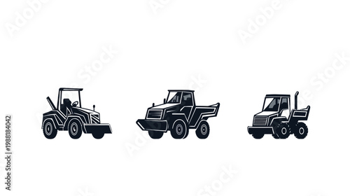 Three stylized construction vehicles in dark navy against a clean white backdrop