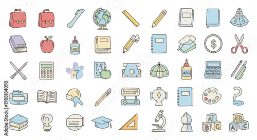 Collection of various school objects icons.