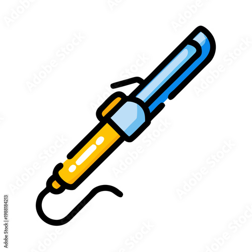 Curling iron with blue barrel and yellow handle, hair styling tool