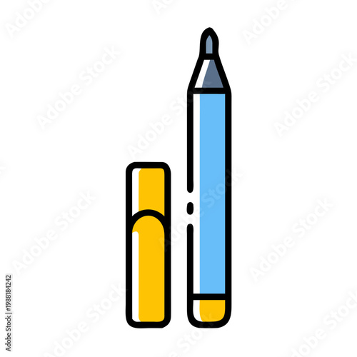 Blue highlighter pen with yellow cap on transparent background