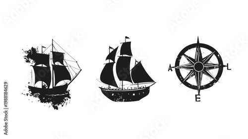 A nautical-themed composition featuring silhouettes of ships and a compass rose