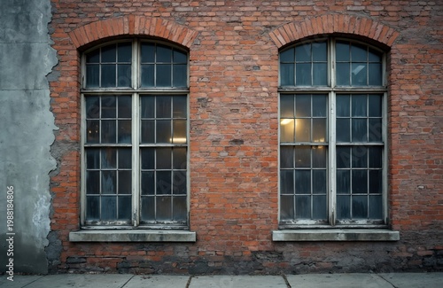Two tall arched industrial windows with metal frames on a weathered brick wall. Grey concrete plaster is chipped revealing aged red bricks below. Light shines through panes.