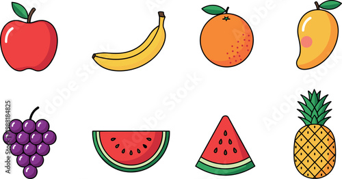 Colorful flat fruit icon set with apple banana orange mango grape watermelon and pineapple for healthy food design