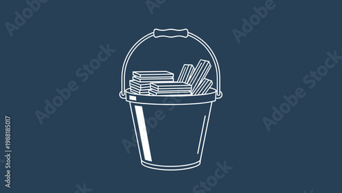 White outline illustration of a metal bucket filled with wooden logs on a dark blue background representing fuel for a cozy home fireplace.