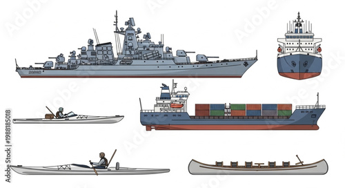 Collection of various watercraft including a warship cargo ship and kayaks.