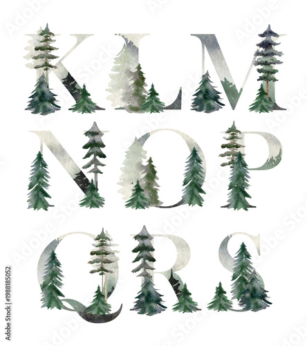 Vector watercolor forest letters for invitation card, poster and other.