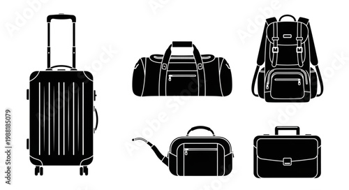 Collection of various travel bags and luggage icons.