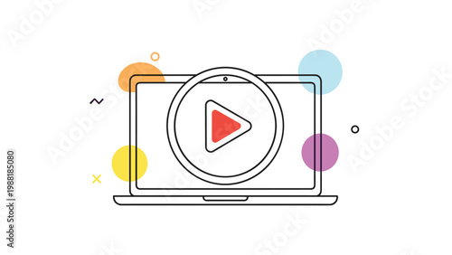 Digital laptop icon with a play button surrounded by colorful geometric shapes on a white background represents online video and multimedia.