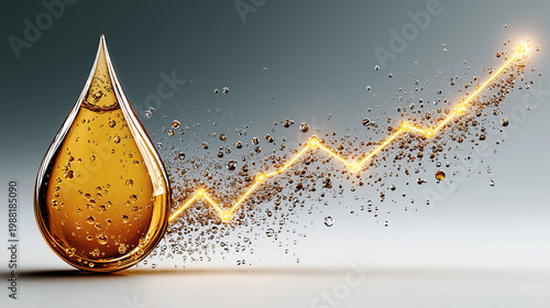 Oil Drop and Growth: An artistic representation of a gleaming oil drop juxtaposed with a vibrant ascending graph, symbolizing growth, progress, and the energetic dynamics of the petroleum sector. 