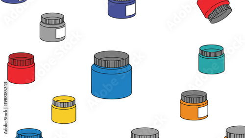 Scattered arrangement of colorful paint jars in blue red yellow and orange hues on a white background for art studio or creative concepts.