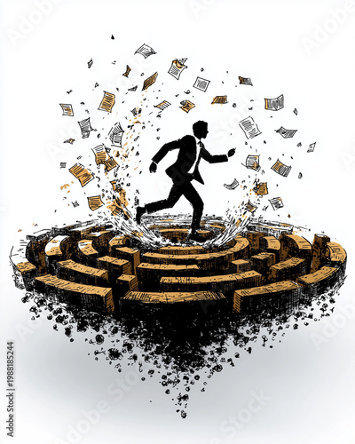 Navigating the Labyrinth of Ambition: A determined individual, depicted in silhouette, dashes through a maze, symbolizing the complexities and challenges of business.