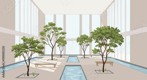 A spacious and serene modern indoor atrium features lush green trees planted in square basins alongside tranquil water pools and minimalist wooden benches.