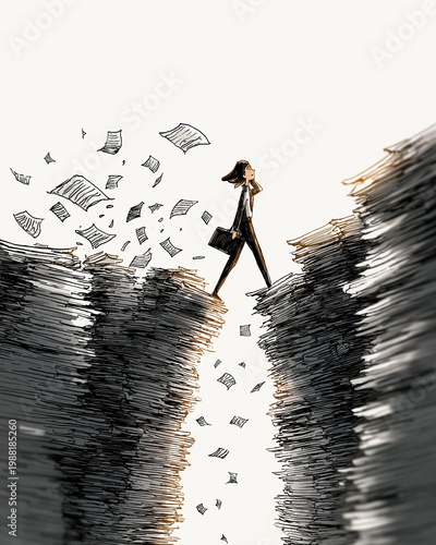 Conquering the Paperwork Mountain: A determined woman navigates a chasm of documents, symbolizing the challenges and triumphs of professional life.